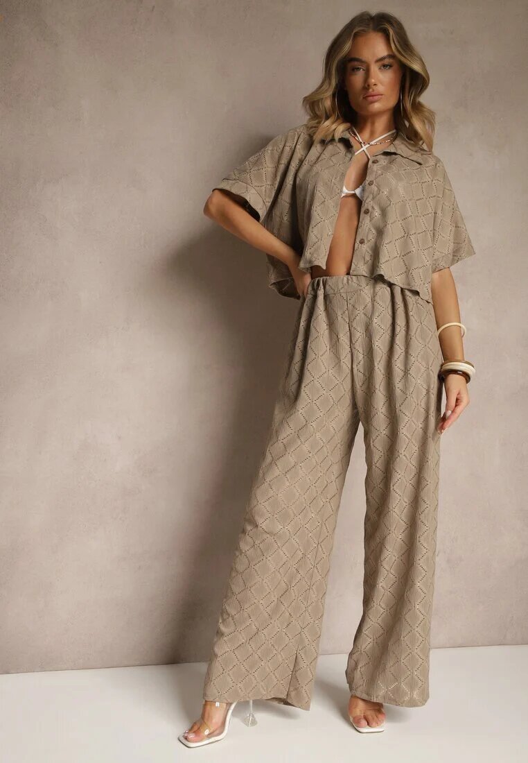  Set Maro deschis cu finisaj ajurat Cămașă și Pantaloni lungi cu elastic în talie Bemvia
