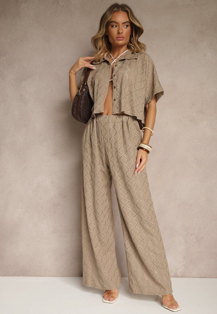  Set Maro deschis cu finisaj ajurat Cămașă și Pantaloni lungi cu elastic în talie Bemvia