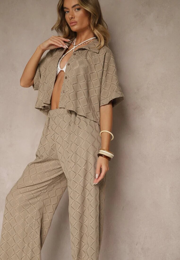  Set Maro deschis cu finisaj ajurat Cămașă și Pantaloni lungi cu elastic în talie Bemvia