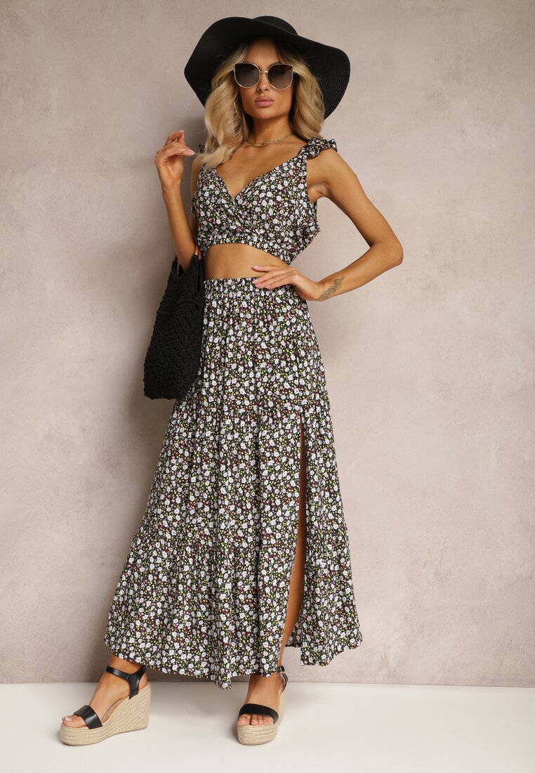  Set Negru 2 piese din Bumbac cu Imprimeu Floral cu Top și Fustă Hildra