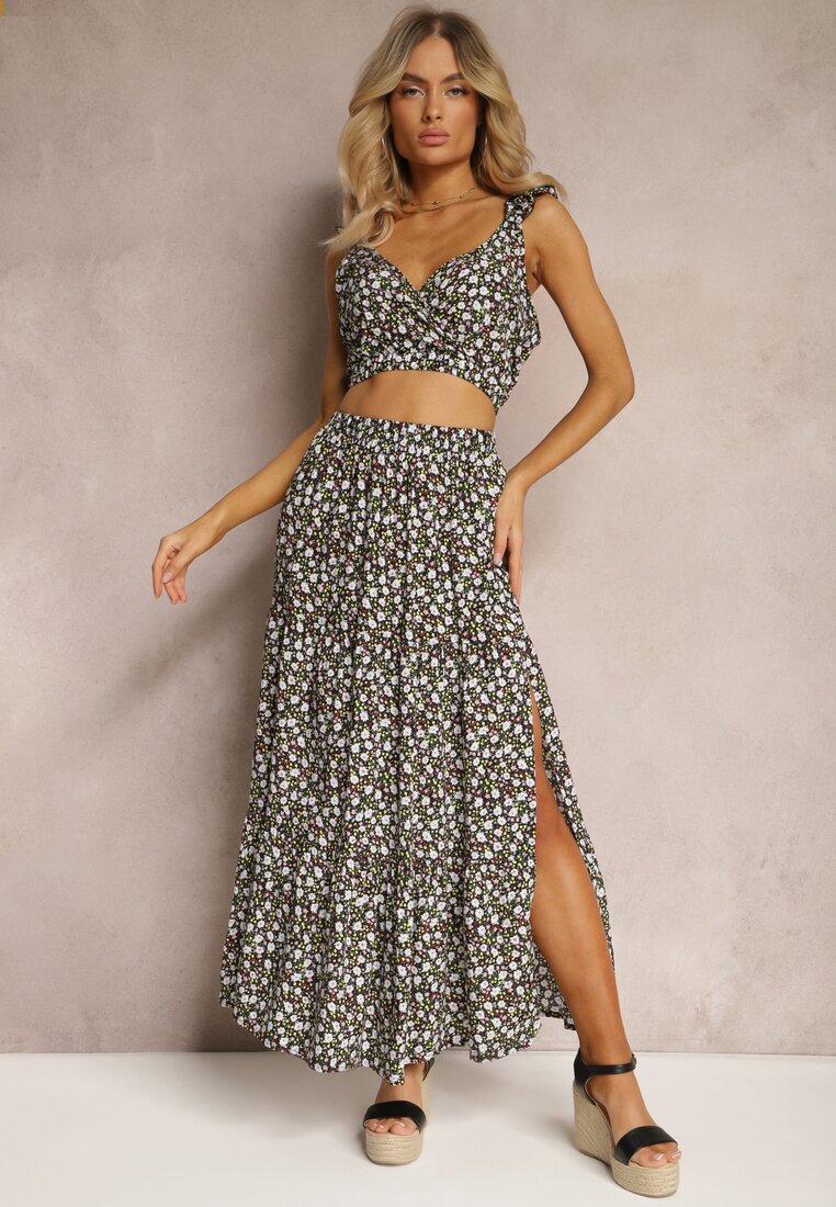 Set Negru 2 piese din Bumbac cu Imprimeu Floral cu Top și Fustă Hildra