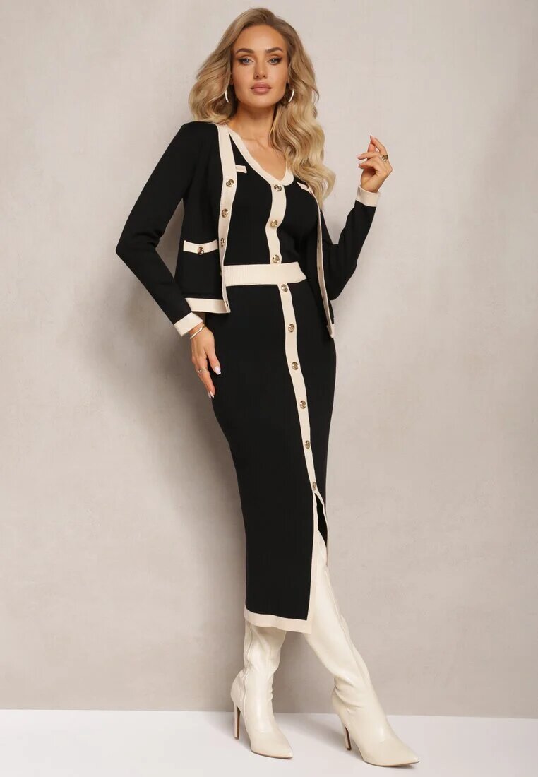  Set Negru 3 Piese Bluză Cardigan și Fustă Decorate cu Capse Jespella