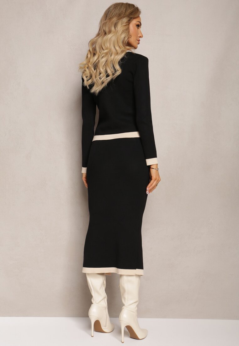  Set Negru 3 Piese Bluză Cardigan și Fustă Decorate cu Capse Jespella