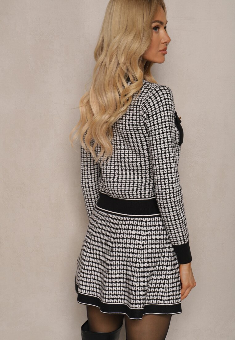  Set Negru-Alb din Tricot Fustă Cloș și Cardigan Deschis Zemida
