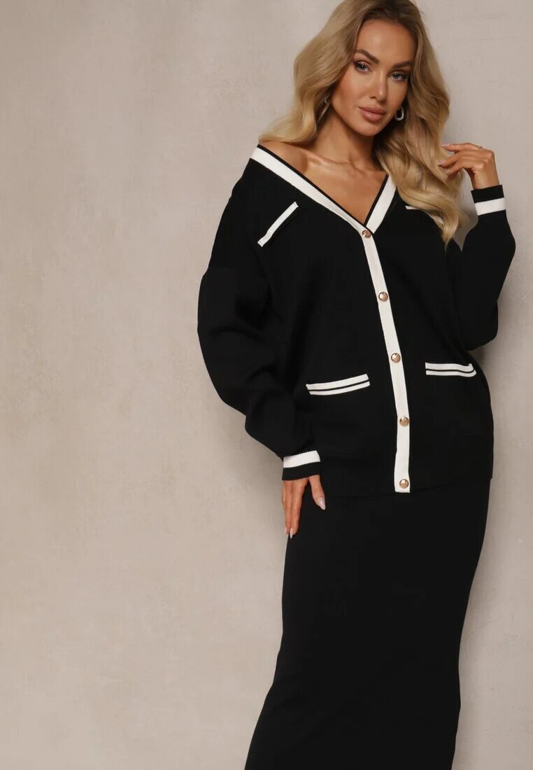  Set Negru de viscoză Cardigan cu nasturi cu paspoal și Fustă mulată Tamorin
