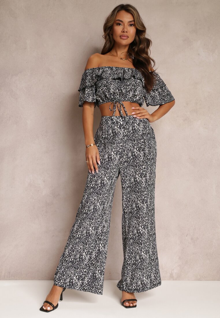  Set Negru din 2 piese cu Pantaloni Largi și Top cu Volan Ariettneh
