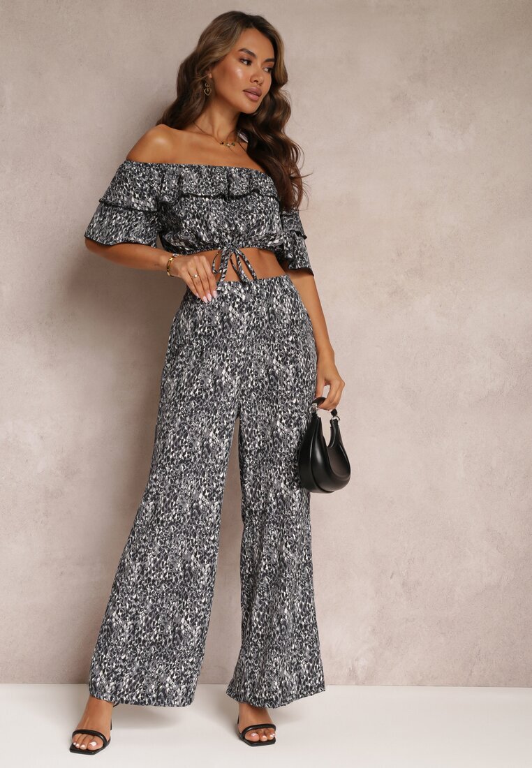  Set Negru din 2 piese cu Pantaloni Largi și Top cu Volan Ariettneh