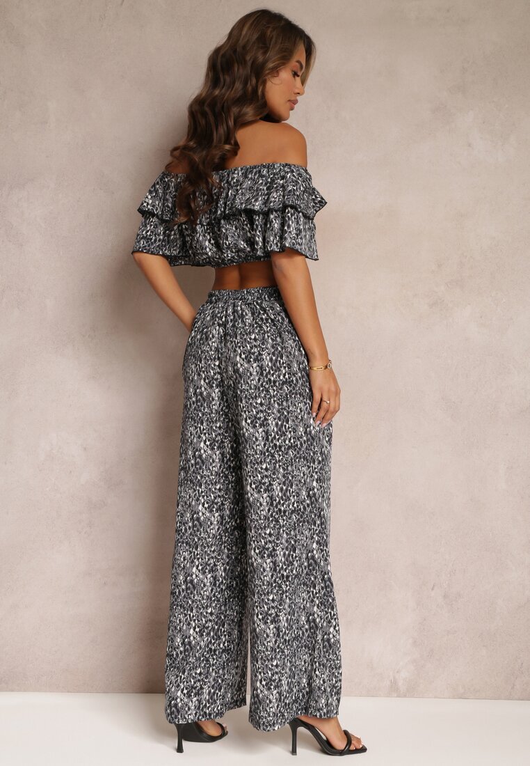  Set Negru din 2 piese cu Pantaloni Largi și Top cu Volan Ariettneh
