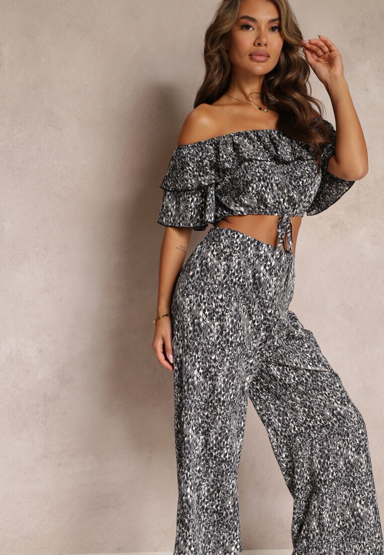  Set Negru din 2 piese cu Pantaloni Largi și Top cu Volan Ariettneh