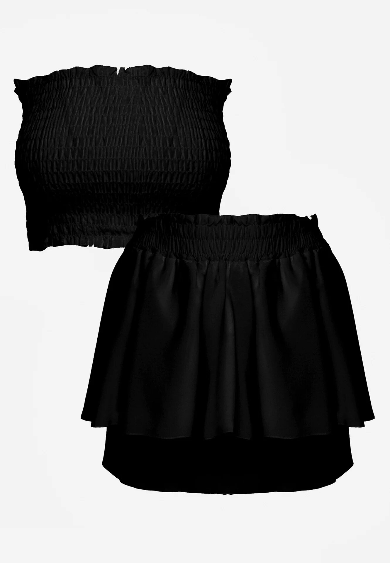  Set Negru din Bumbac Top Elastic fără Mâneci Pantaloni scurți cu Volane și Talie Elastică Tessabel