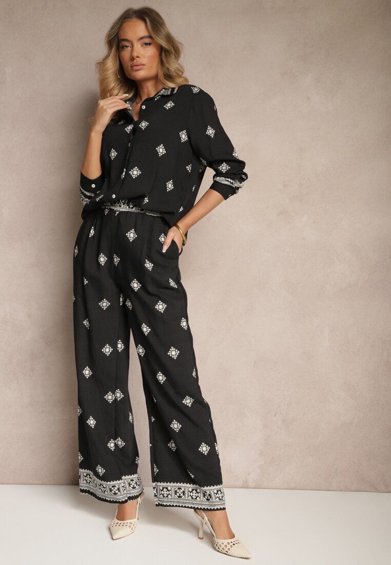  Set Negru din Vâscoză Cămașă și Pantaloni Largi cu Model Etnic Tatanelis