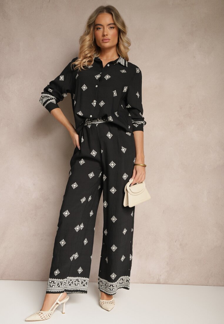  Set Negru din Vâscoză Cămașă și Pantaloni Largi cu Model Etnic Tatanelis