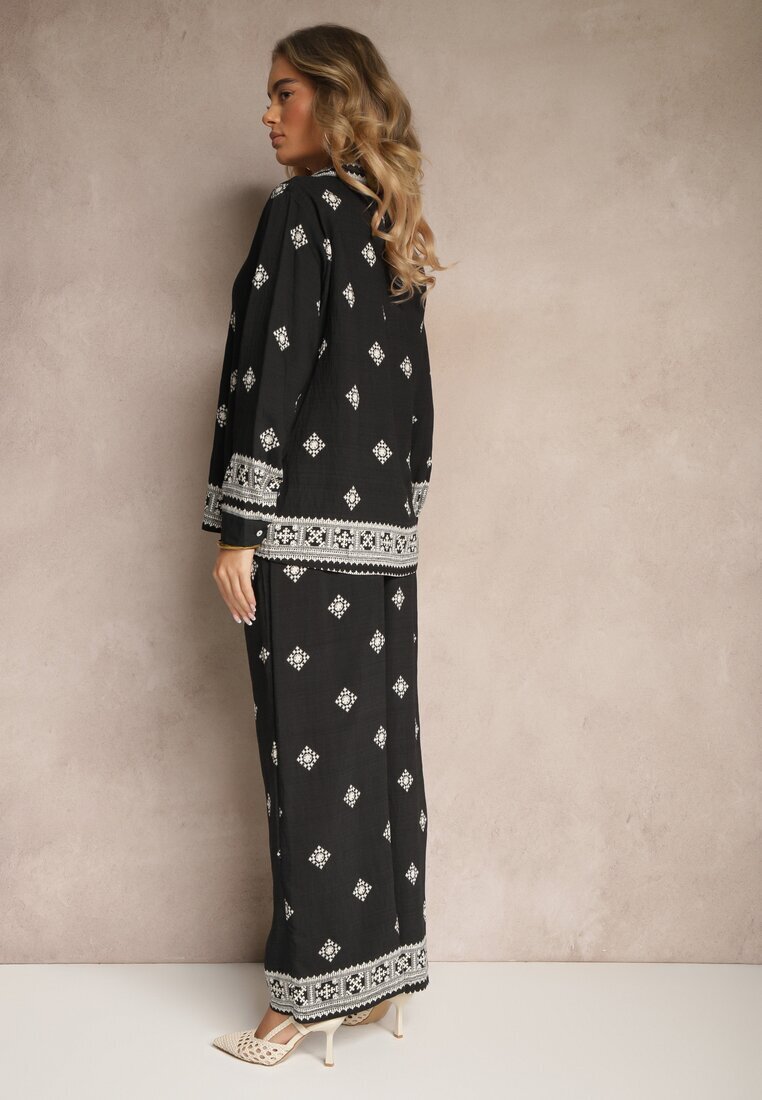  Set Negru din Vâscoză Cămașă și Pantaloni Largi cu Model Etnic Tatanelis