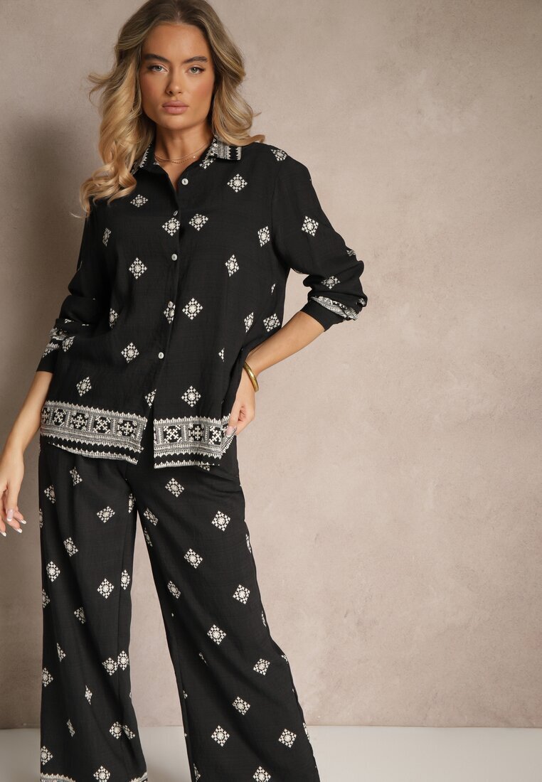 Set Negru din Vâscoză Cămașă și Pantaloni Largi cu Model Etnic Tatanelis