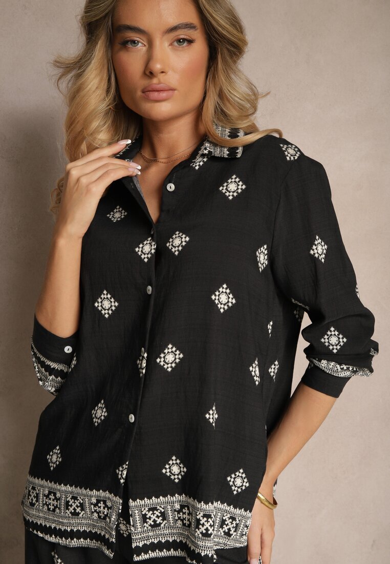  Set Negru din Vâscoză Cămașă și Pantaloni Largi cu Model Etnic Tatanelis