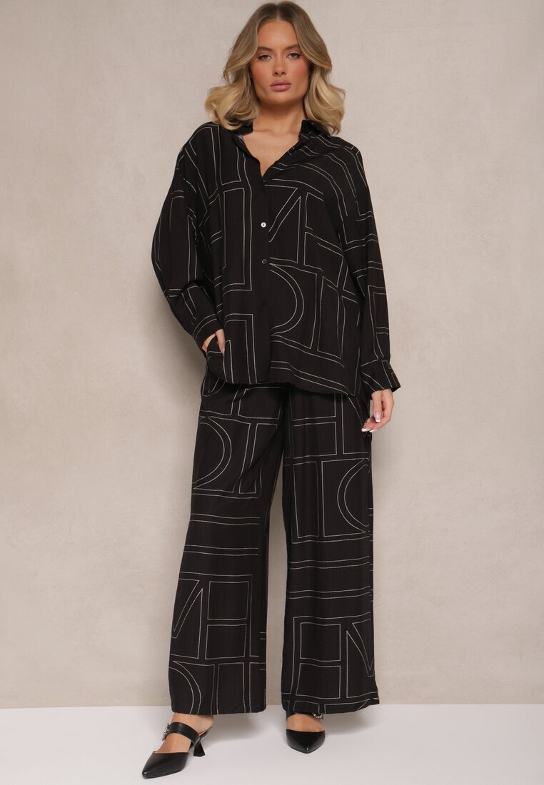  Set Negru din Vâscoză Decorat cu Imprimeu Geometric Cămașă și Pantaloni Hanovin