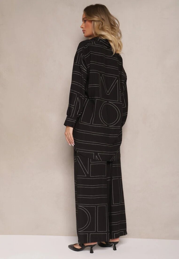 Set Negru din Vâscoză Decorat cu Imprimeu Geometric Cămașă și Pantaloni Hanovin