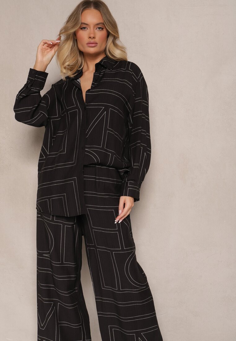  Set Negru din Vâscoză Decorat cu Imprimeu Geometric Cămașă și Pantaloni Hanovin