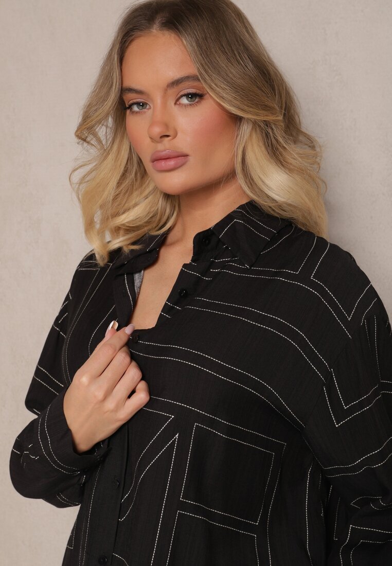  Set Negru din Vâscoză Decorat cu Imprimeu Geometric Cămașă și Pantaloni Hanovin
