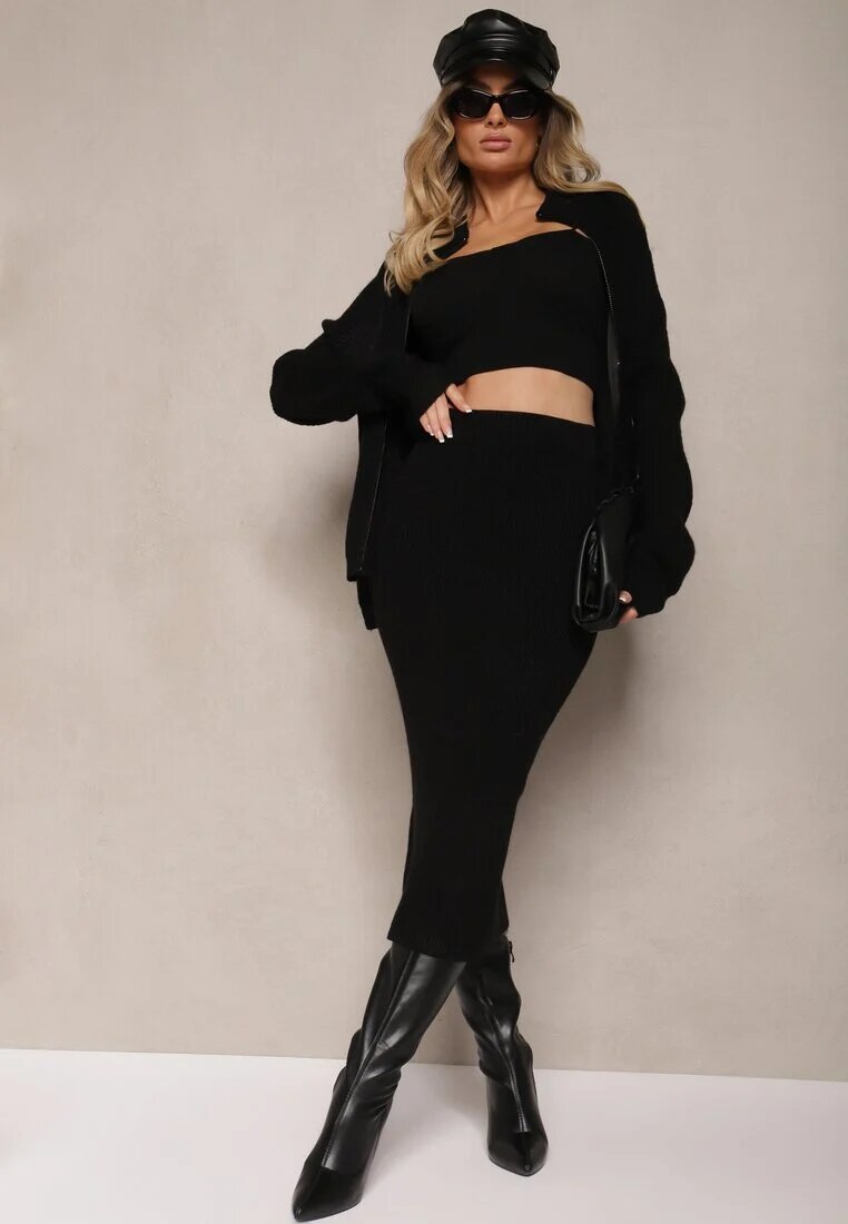  Set Negru Fustă cu elastic în talie și Cardigan deschis Ciarina