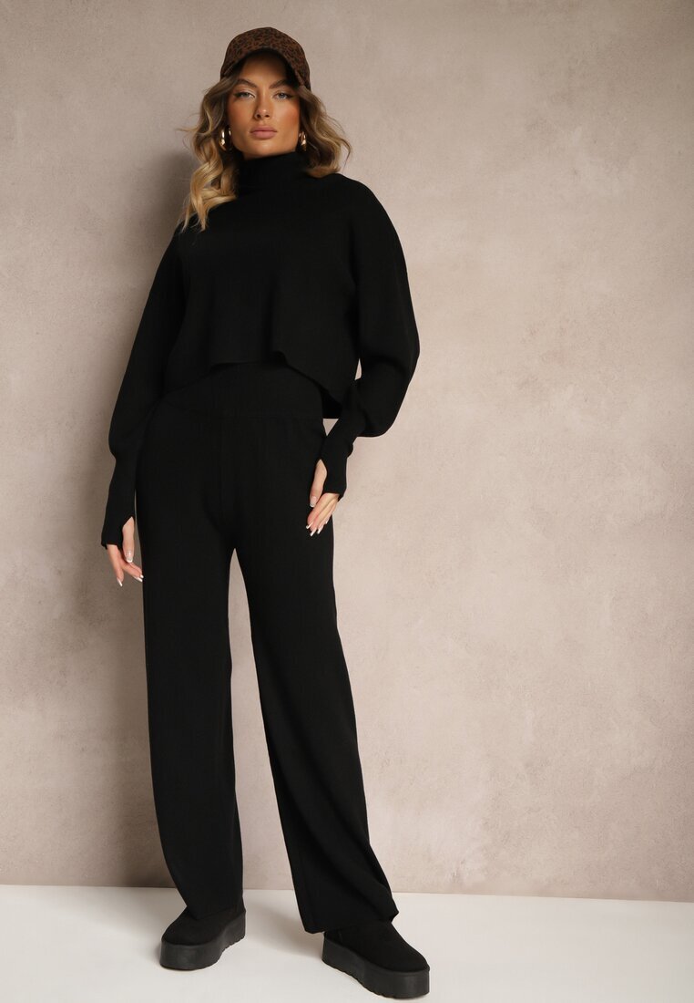  Set Negru Tricotat din Viscoză Pantaloni largi și Bluză cu guler înalt Norathira