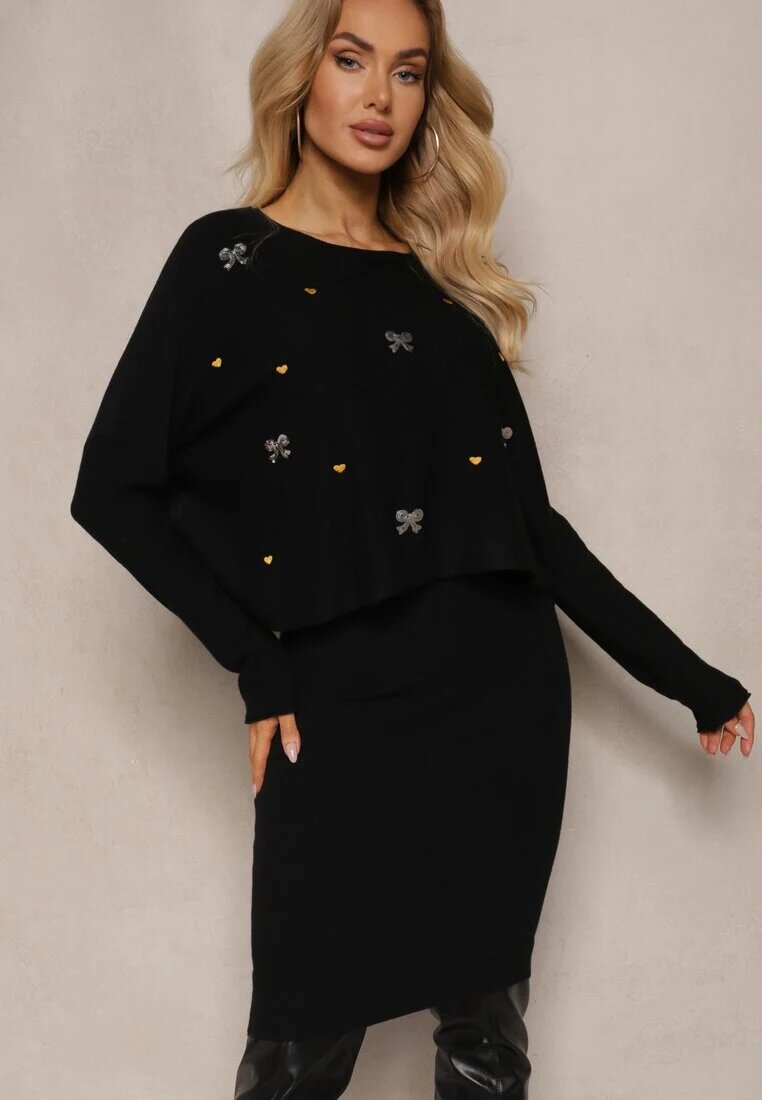  Set Negru Tricotat din Viscoză Rochie cu croială mulată și Pulover cu Zirconii Norathra