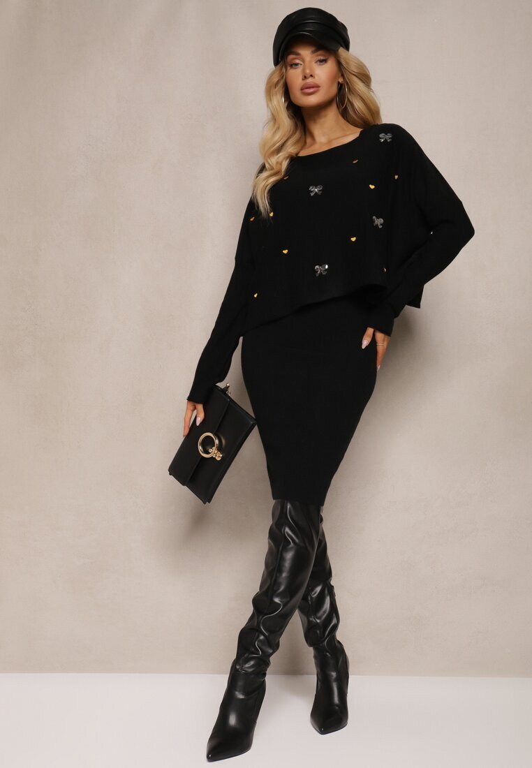  Set Negru Tricotat din Viscoză Rochie cu croială mulată și Pulover cu Zirconii Norathra