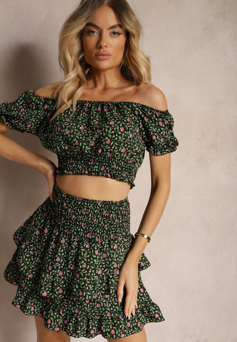  Set Negru-Verde cu Flori Bluză tip Carmen Fustă cu Volane și Elastic în Talie Ristelle