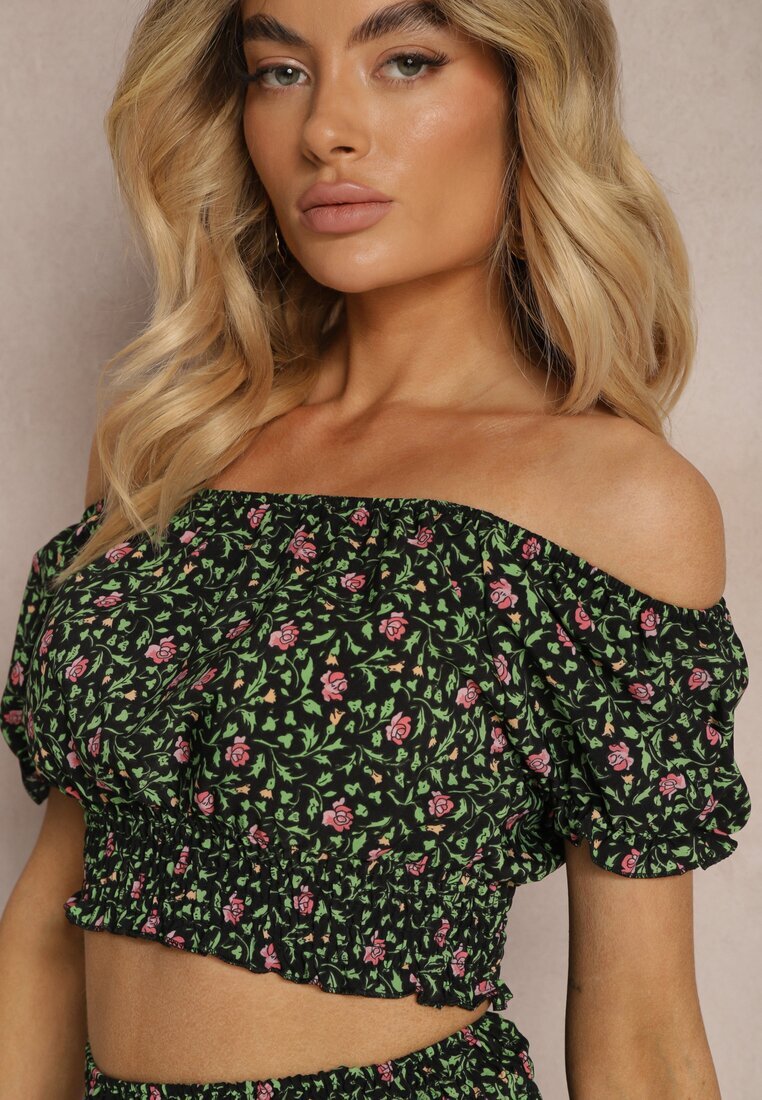  Set Negru-Verde cu Flori Bluză tip Carmen Fustă cu Volane și Elastic în Talie Ristelle