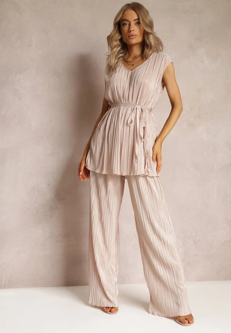  Set plisat bej din două piese: Bluză cu cordon din material și Pantaloni lungi largi Lasion