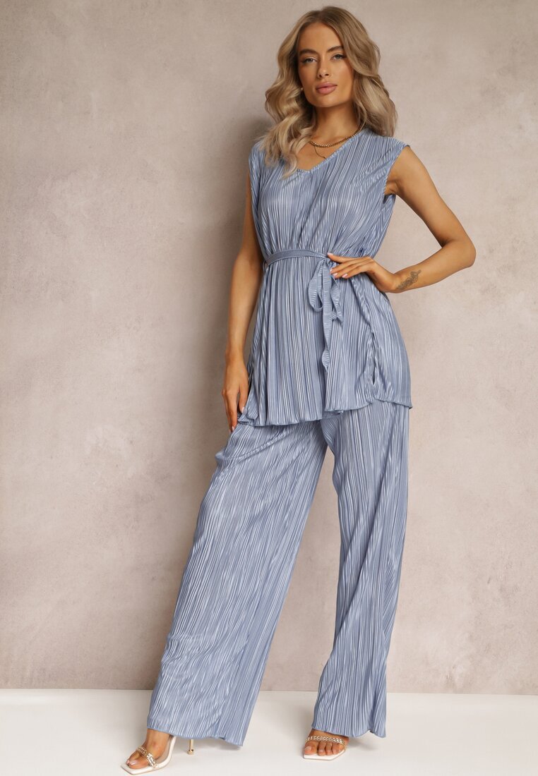  Set Plisat din 2 Piese Albastru Bluză cu Curea din Material și Pantaloni Lungi Largi Lasion