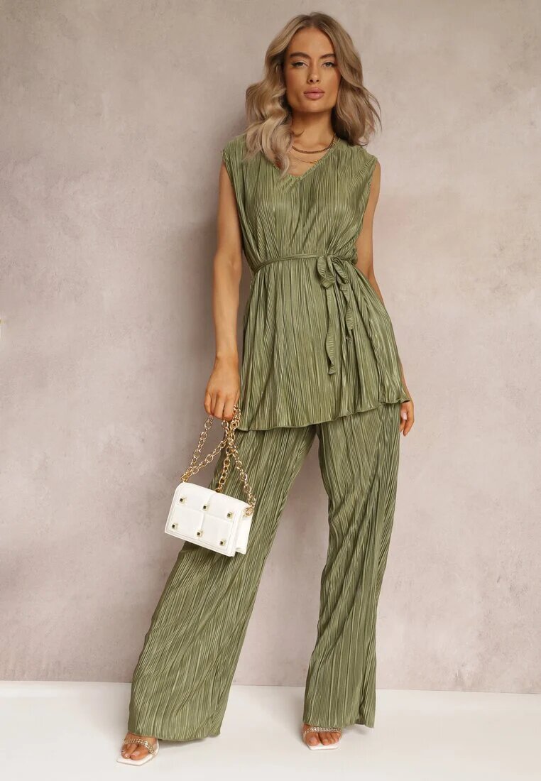  Set Plisat Două piese Verde Bluză cu curea din material și Pantaloni Largi Lungi Lasion