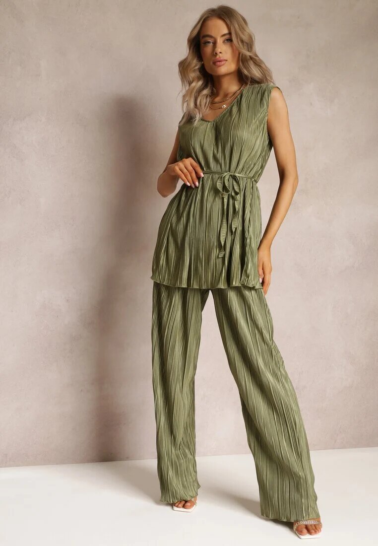  Set Plisat Două piese Verde Bluză cu curea din material și Pantaloni Largi Lungi Lasion