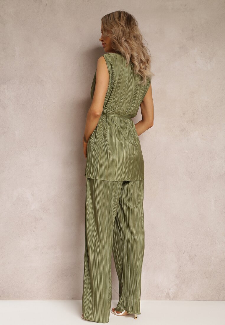  Set Plisat Două piese Verde Bluză cu curea din material și Pantaloni Largi Lungi Lasion