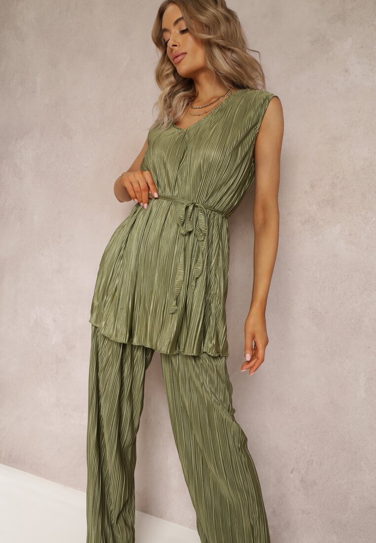 Set Plisat Două piese Verde Bluză cu curea din material și Pantaloni Largi Lungi Lasion