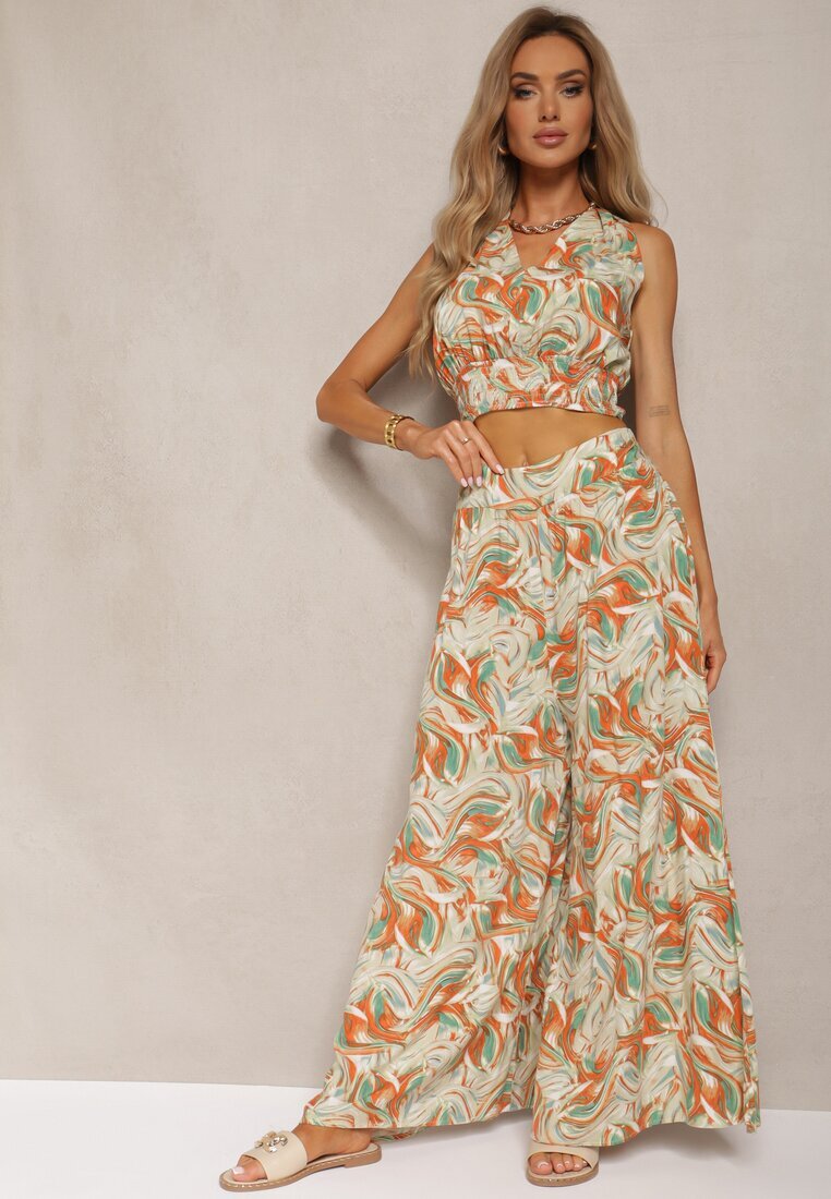  Set Portocaliu-Verde Boho din Bumbac Top Scurt cu Bretele cu Elastic Pantaloni Largi Rasida