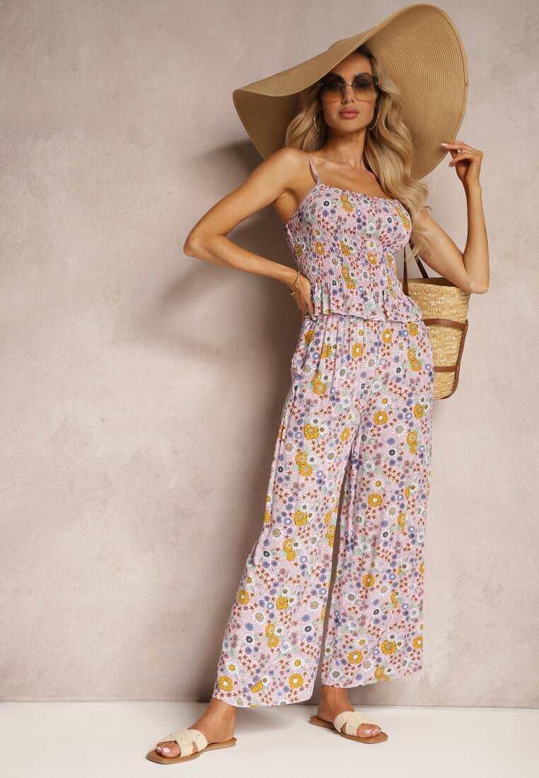  Set Roz din Bumbac Top Cret pe Bretele Pantaloni Largi cu Elastic în Talie Elary