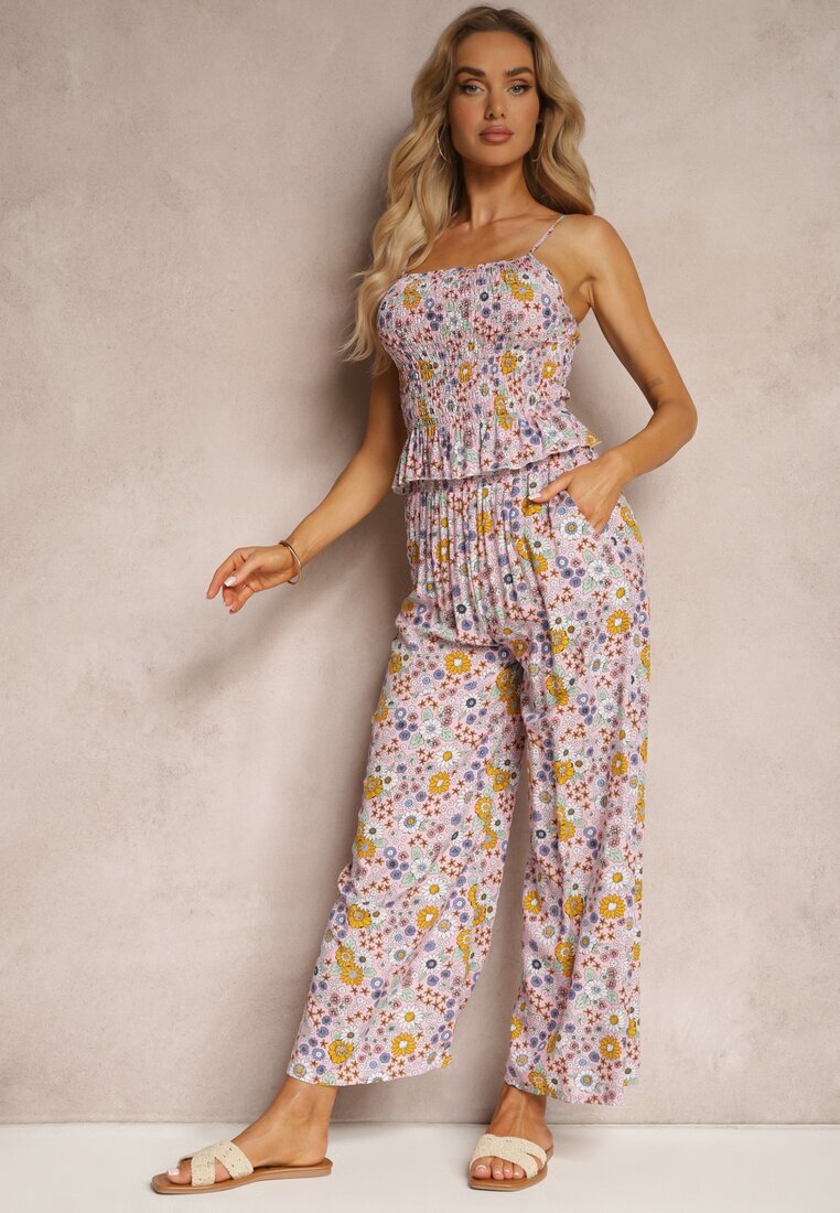  Set Roz din Bumbac Top Cret pe Bretele Pantaloni Largi cu Elastic în Talie Elary