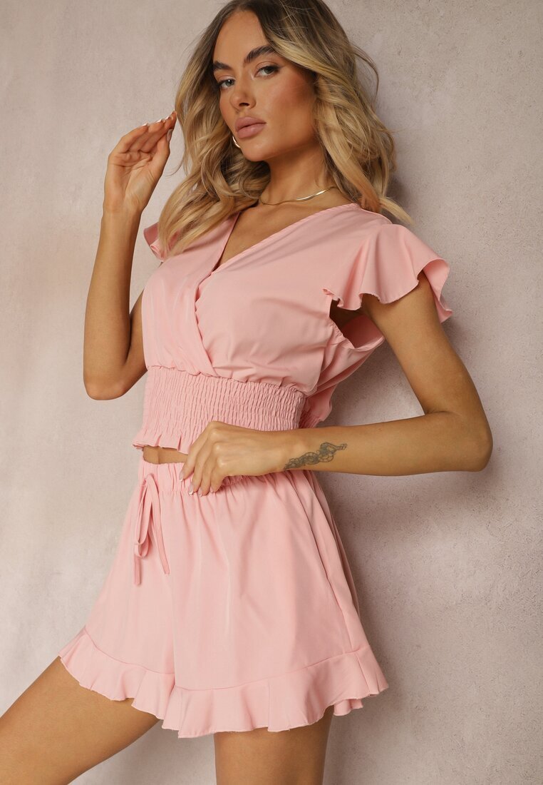  Set Roz Top scurt cu talie încrețită Pantaloni scurți cu volănaș și elastic în talie Nestasie