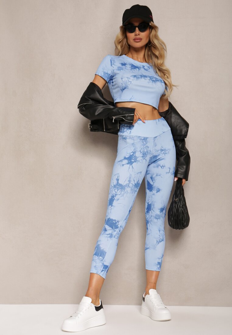  Set Sportiv Albastru cu Imprimeu Tie-Dye cu Tricou Cropped și Colanți Davenia