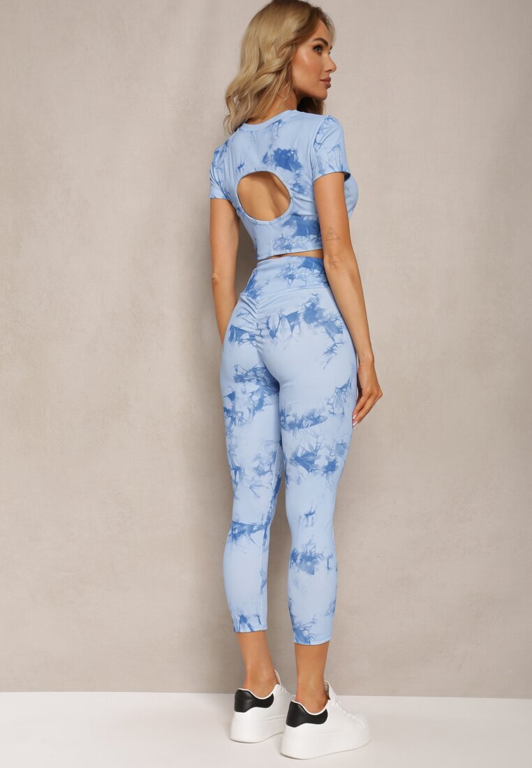  Set Sportiv Albastru cu Imprimeu Tie-Dye cu Tricou Cropped și Colanți Davenia
