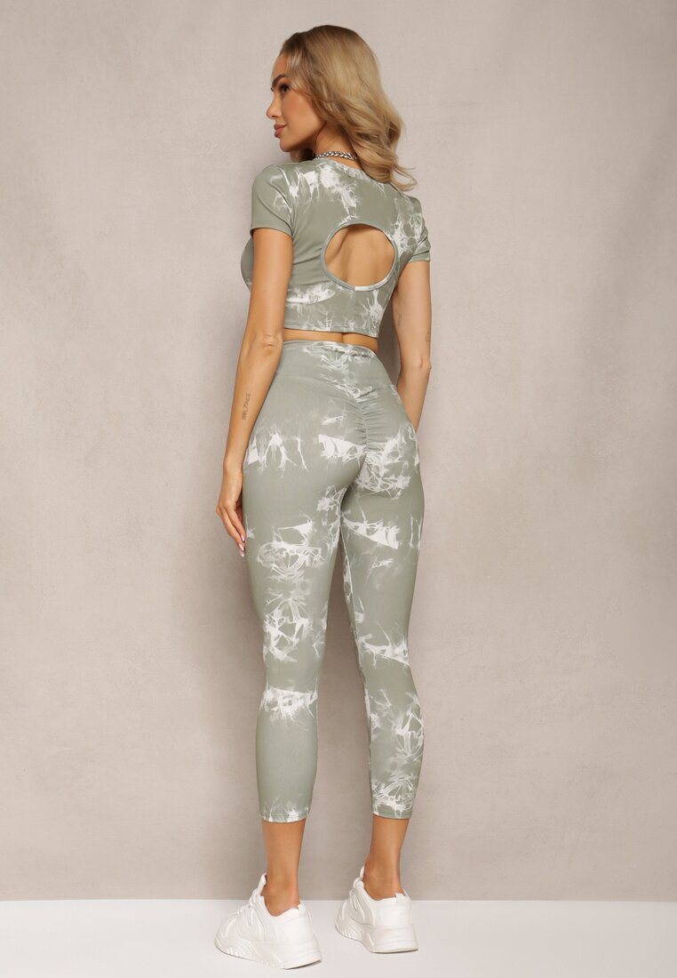  Set Sportiv Verde cu Imprimeu Tie-Dye cu Cămașă Cropped și Colanți Davenia