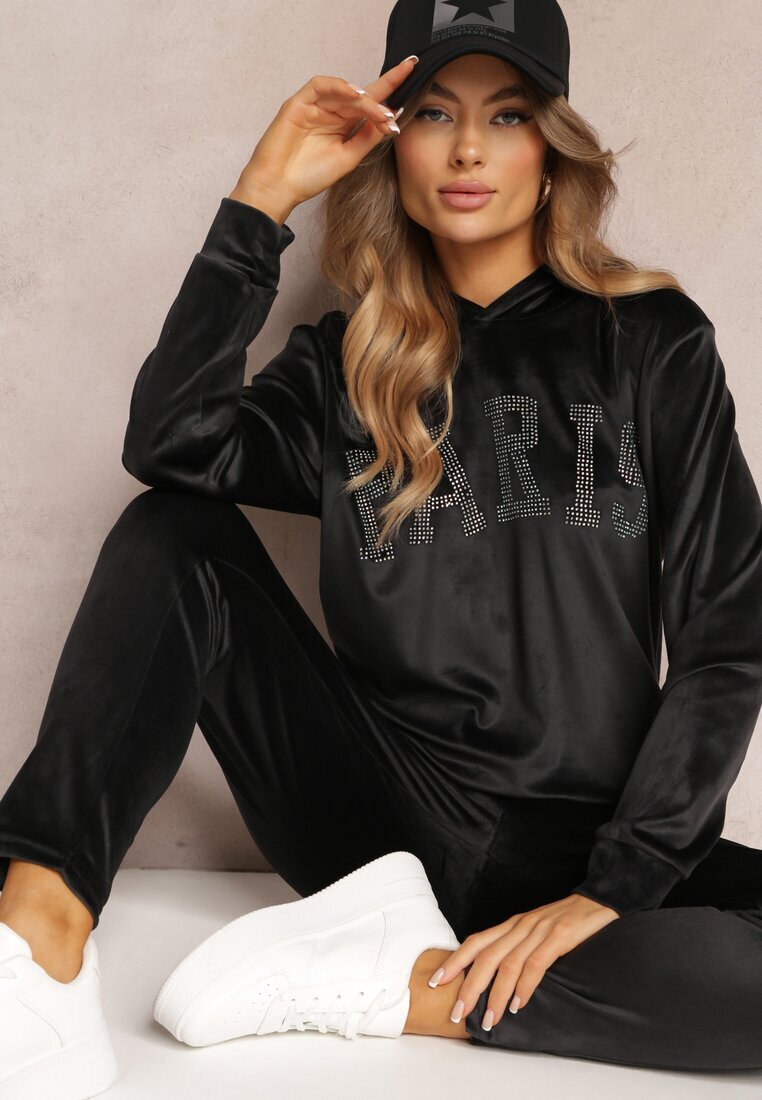  Set Trening Negru 2 piese din velur cu Bluză și Pantaloni Yamiya