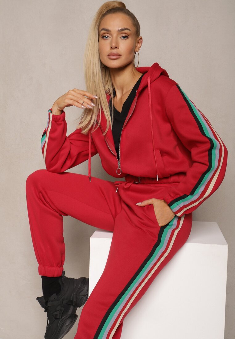  Set Trening Roșu cu Dunga Colorată Bluză cu Glugă și Pantaloni Joggery Nevarielles