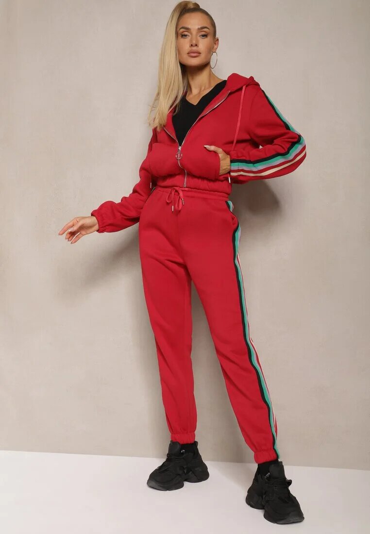  Set Trening Roșu cu Dunga Colorată Bluză cu Glugă și Pantaloni Joggery Nevarielles