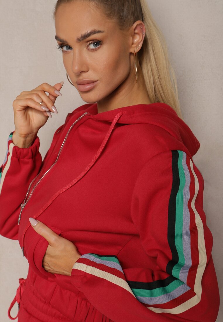  Set Trening Roșu cu Dunga Colorată Bluză cu Glugă și Pantaloni Joggery Nevarielles