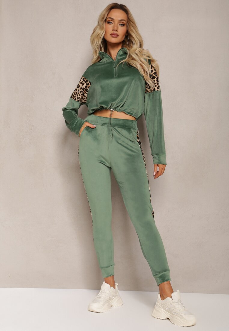  Set trening verde din velur cu bluză scurtă și pantaloni jogger cu imprimeu leopard Limitta