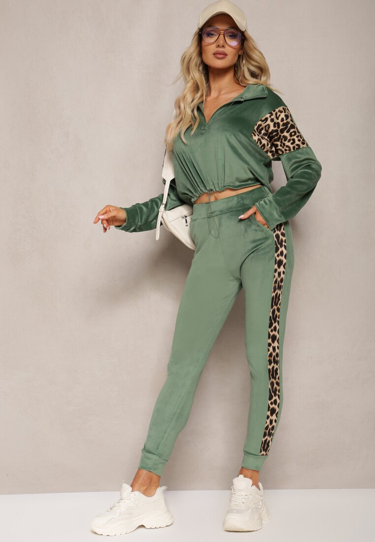 Set trening verde din velur cu bluză scurtă și pantaloni jogger cu imprimeu leopard Limitta