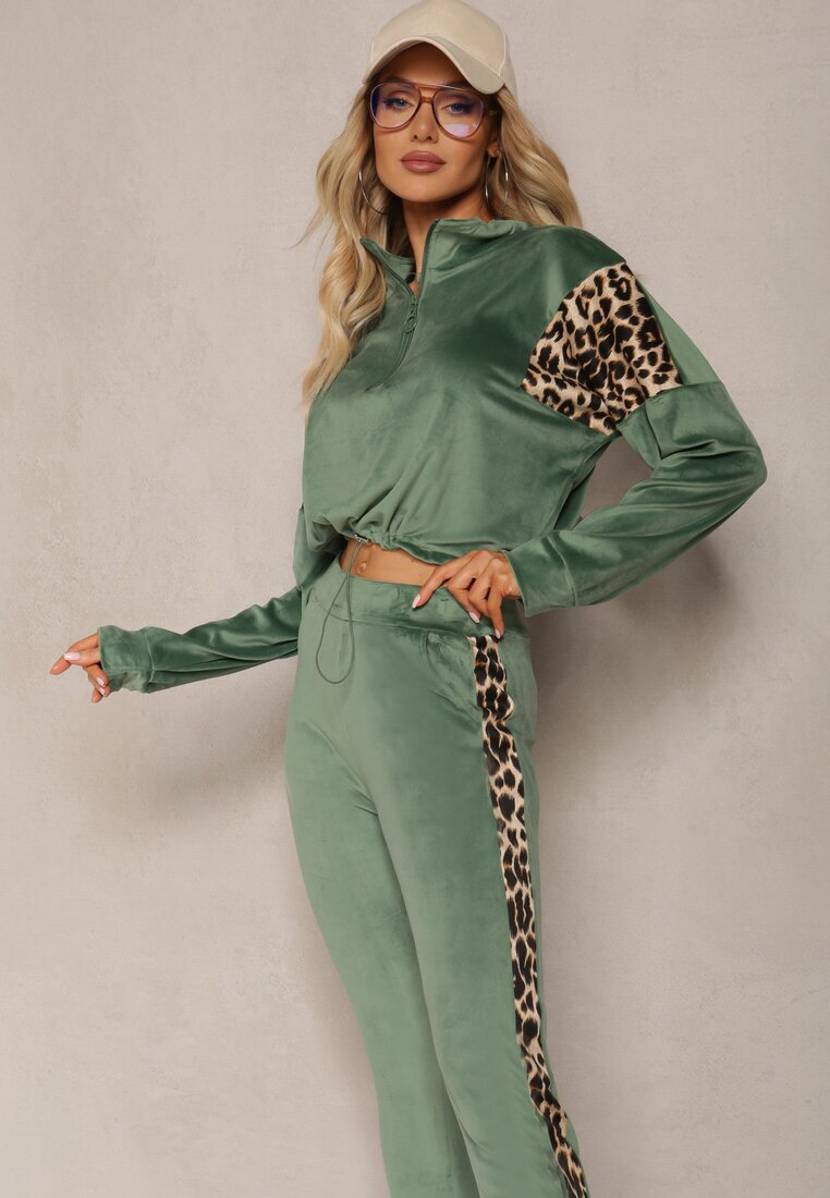  Set trening verde din velur cu bluză scurtă și pantaloni jogger cu imprimeu leopard Limitta