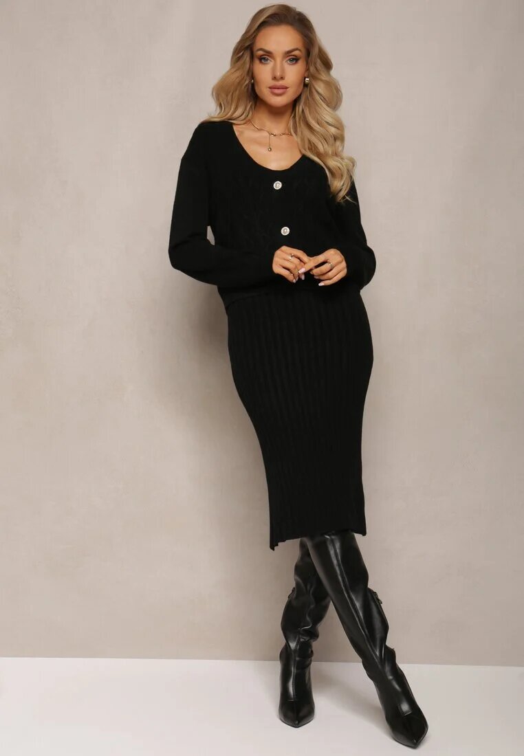  Set tricotat 2-piese Negru cu rochie și cardigan Finariel